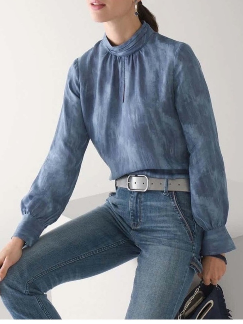 WHBM • Abstract Patterned Mock Neck Cupro Long Sleeve Blouse